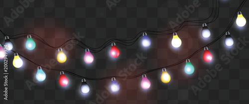  Festive Christmas light multicolored garlands PNG. Decor element for postcards, invitations, backgrounds, business cards. Winter new collection 2026.