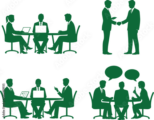 Green silhouette icons of business people working and communicating in office settings with laptops and speech bubbles  various professional interactions