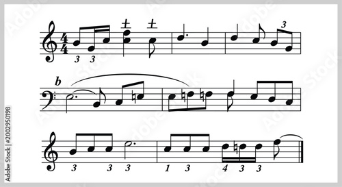 Bild auf Leinwand Black musical score fragments with treble and bass clef notations showing comple
