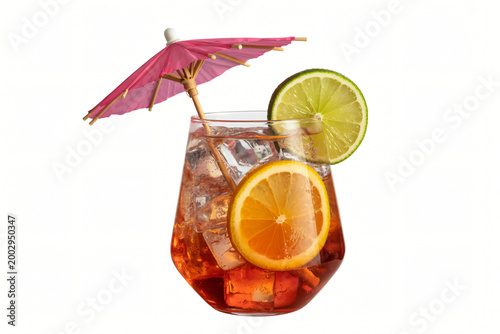 Tropical cocktail with umbrella citrus refreshing summer drink, Orange cocktail glass with parasol exotic cold beverage, Refreshing tropical drink with umbrella citrus garnish