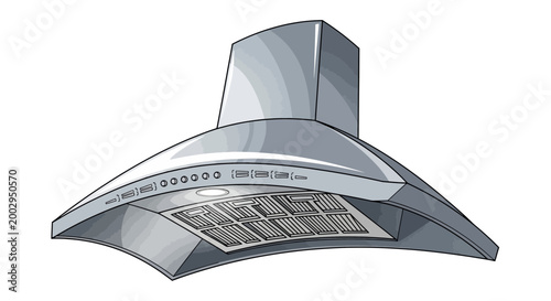 Modern kitchen extractor fan, stainless steel, with internal light and controls