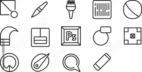 Minimalist graphic design icons set, 15 black line vector symbols for digital art software, creative studio UI elements for photo editing