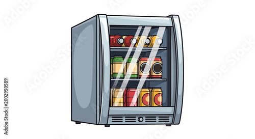 Modern mini fridge filled with colorful beverage cans on white background