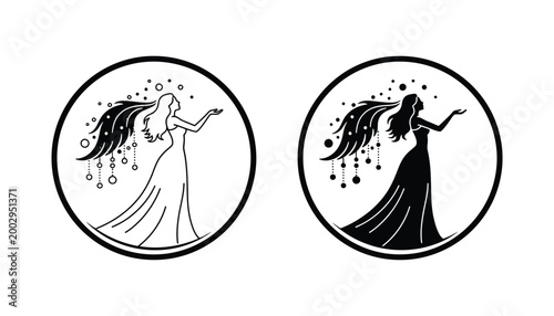 Graceful woman in flowing dress reaching towards floating bubbles in circular frame vector graphic design