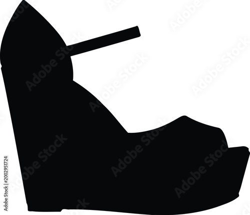 Elegant Black Wedge Sandal Silhouette Isolated on White.