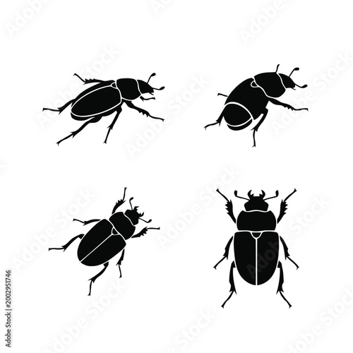 Four black beetle insect silhouettes in various poses on a white background, perfect for nature and entomology designs.