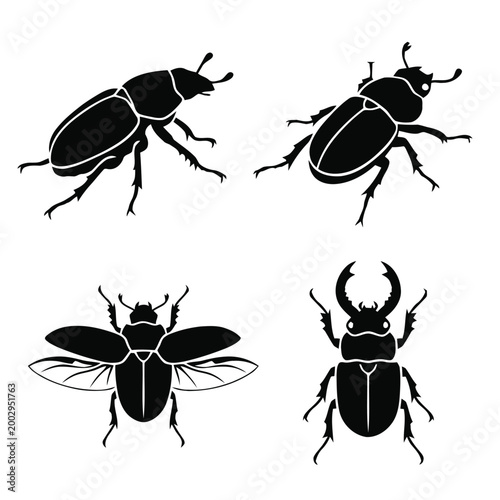 Four black beetle insect silhouettes including stag beetle and flying beetle on white background.
