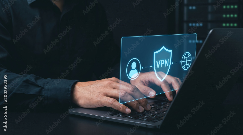 Fototapeta premium Cybersecurity VPN concept with user identity, shield protection, and global network access on laptop