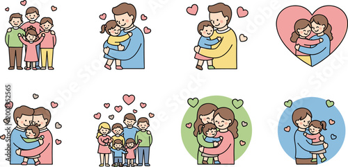 Family Love Illustration Set Featuring Parents, Children, and Heartwarming Hugs for Emotional and Family Graphics