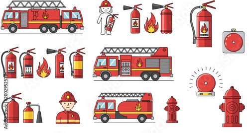 Fire Safety Equipment Illustration Set Featuring Fire Trucks, Extinguishers, Hydrants, and Firefighters