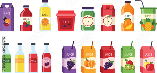 Fruit Juice Packaging Collection Featuring Different Flavors and Bottles for Beverage and Food Illustrations