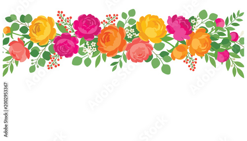 A colorful and vibrant floral design featuring garden flowers and plants