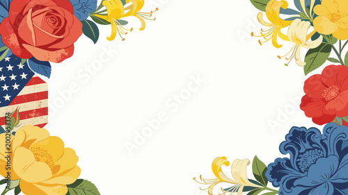 Tableau sur toile A vibrant illustration featuring an American flag framed by beautiful red and yellow roses