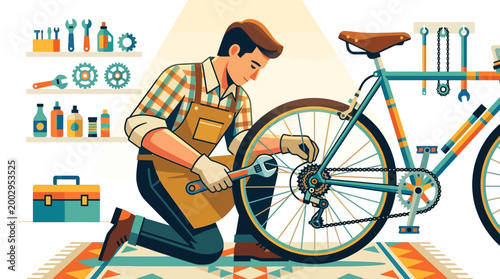Man repairing bicycle wheel with tools.