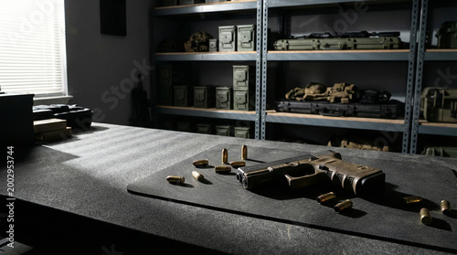 Handgun and Ammunition on Mat in Storage Room