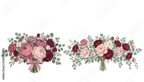 Elegant floral design with burgundy and blush garden flowers, decorative plants for arrangements