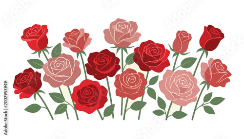 Beautiful floral design with decorative garden flowers, red and pink roses, and plants
