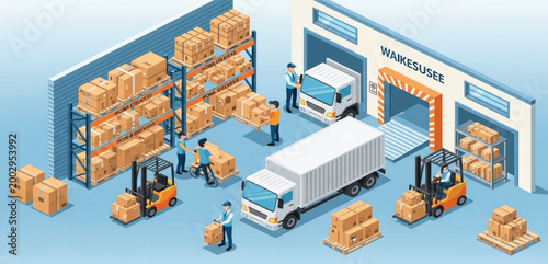 Isometric Warehouse Logistics Scene with Trucks Forklifts Workers Cardboard Boxes Storage Shelves Shipping Delivery Distribution and Supply Chain Operations