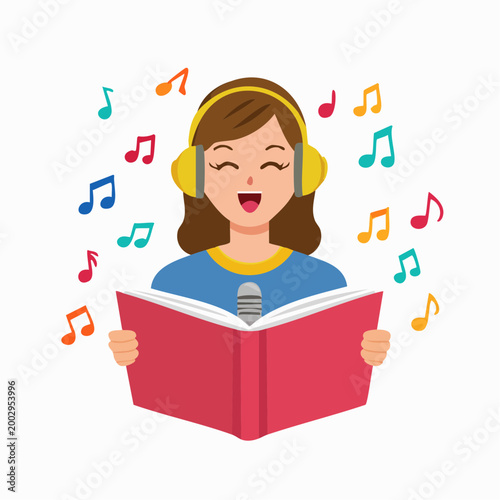 Girl singing with headphones and open book