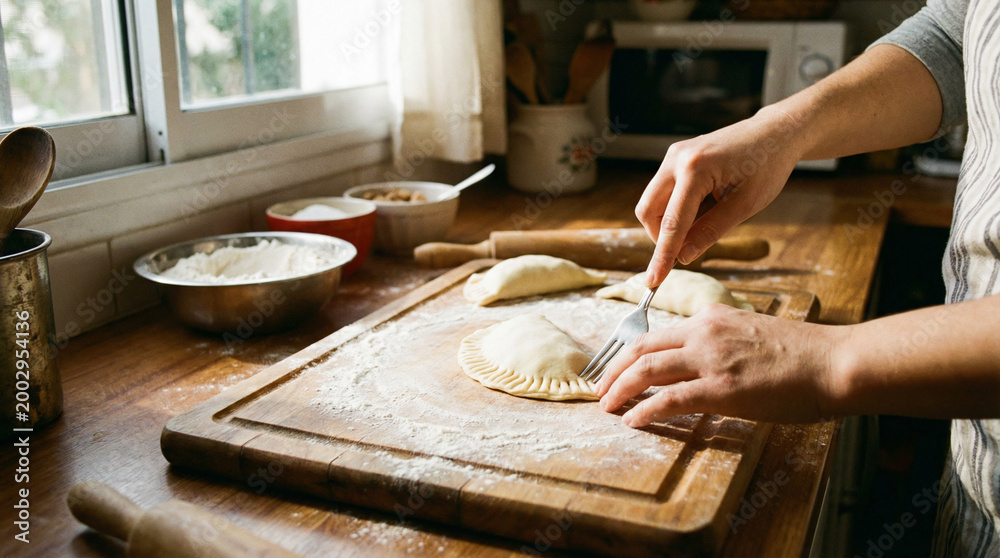 Fototapeta premium Hands Preparing Empanadas with Fork on Wooden Board with Flour