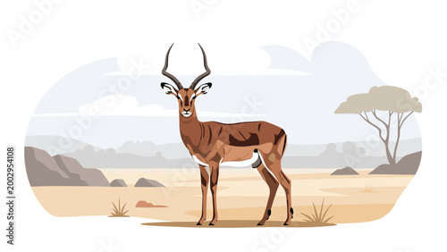 Graceful impala antelope standing in a vast savanna landscape with mountains and trees under a cloudy sky, representing wild African nature.
