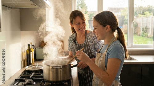 Mother and Daughter Cooking Together in Bright Modern Kitchen