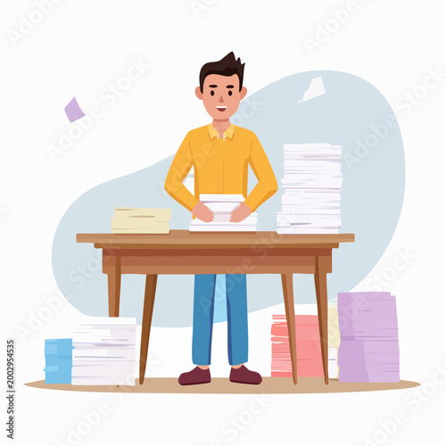Man Organizing Piles of Paperwork on a Desk