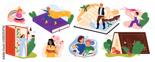 Children and parents reading books with magical fantasy worlds, pirates, fairytales imagination scenes, promoting kids literature, learning, creativity reading adventure isolated vector illustration