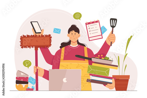 Busy multitask woman with many hands working with laptop and kitchen tools. Cartoon overworked housewife cooking food, holding frying pan, books, mop flat vector illustration. Time management concept