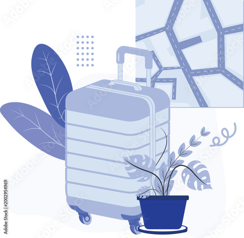 Travel luggage and map with houseplant in modern flat style