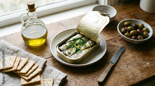 Open Can of Sardines with Crackers, Olive Oil, and Olives on Rustic Table