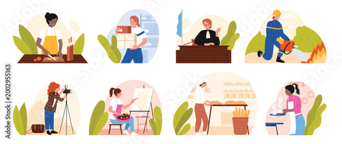 Different professions set for woman, Labor day. Scenes from workplace of judge and firefighter, professional chef and waiter in restaurant, courier and photographer cartoon vector illustration