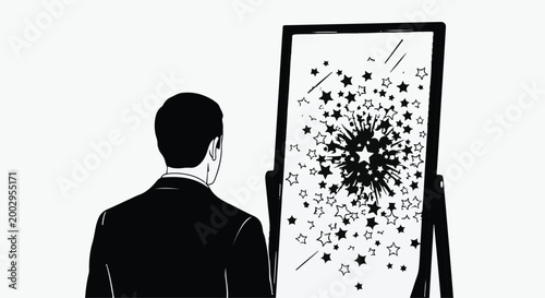 man looking at abstract art on easel