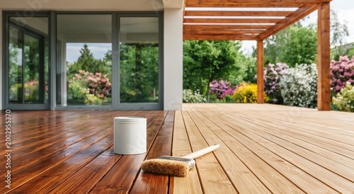 Home improvement and outdoor living staining wood deck with brush and can of stain for summer renovation project. High quality photo