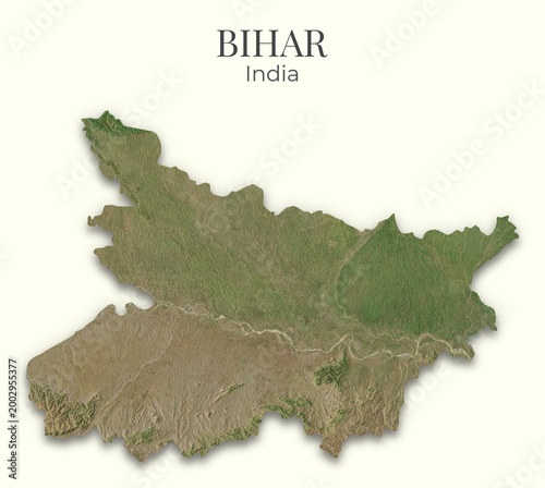 Bihar Shaded Relief Map. India. Hillshaded physical map. Terrain illustration of Bihar. Elements of this image derrived from NASA imagery and SRTM dataset.