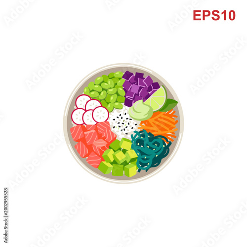 Colorful Poke Bowl with Fresh Ingredients Top View.