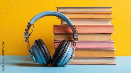 Blue headphones resting beside colorful stacks of books on a bright yellow backdrop showcasing audio and literature connection