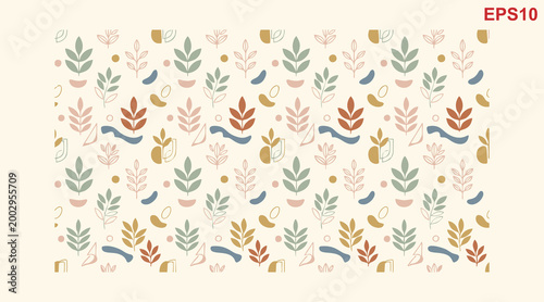Seamless Pattern of Delicate Botanical Elements and Abstract Shapes.