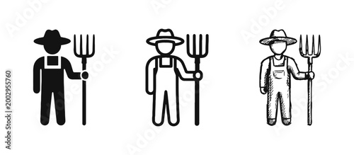 Farmer with Pitchfork Icons - Agriculture and Farming Character Symbols in Solid, Outline, and Hand-Drawn Styles