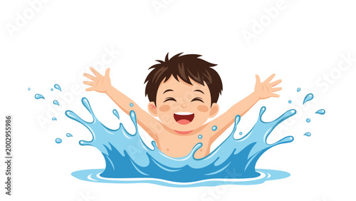 Joyful young boy with dark hair splashing happily in blue water with his arms raised and a big smile on his face.
