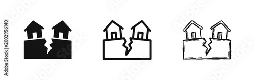 Earthquake Natural Disaster Icon Set Showing Cracked Ground and Damaged Houses