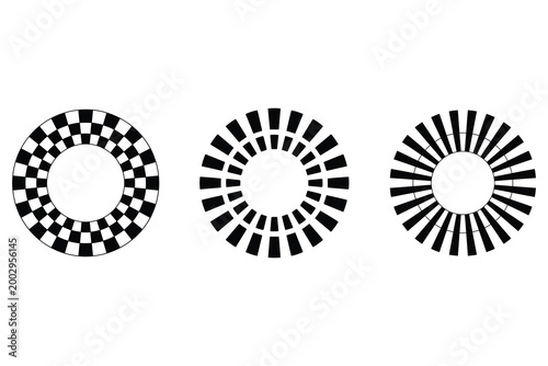 Three circular with black and white radial patterns and checkered keywords: circle, round, black
