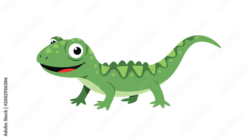 Obraz premium Friendly green cartoon lizard with big eyes and a happy smile stands on a clean white background in a simple style.