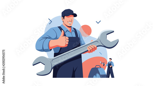 Professional mechanic in blue overalls gives a thumbs up while holding a giant wrench representing expert repair service.