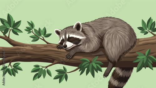 Cute grey raccoon with a masked face sleeps comfortably on a thick tree branch surrounded by many green leaves.