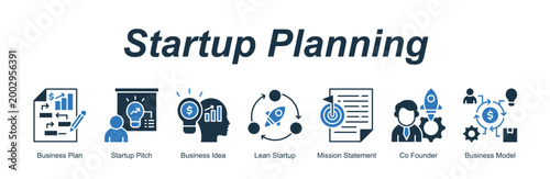 Startup Planning banner web icon vector illustration concept with an icon of Business Plan, Startup Pitch, Business Idea, Lean Startup, Mission Statement, Co Founder, Business Model