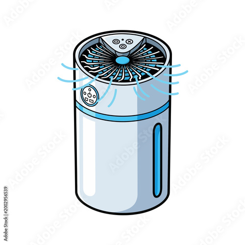 Modern air purifier with blue light, clean air circulation, isolated on white background.