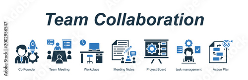 Team Collaboration banner web icon vector illustration concept with an icon of Co Founder, Team Meeting, Workplace, Meeting Notes, Project Board, task management, Action Plan