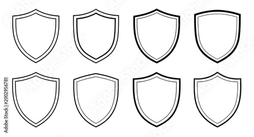 blank shield outline icons, security badge collection, protection emblem design, heraldic shield graphics, safety logo symbols, defense icon set, guard badge illustration, simple shield outlines, secu