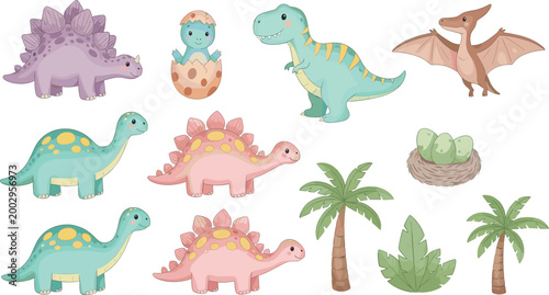 Cute Pastel Cartoon Baby Dinosaur Collection Set with Palm Tree and Nest Isolated on White Background for Kids Design